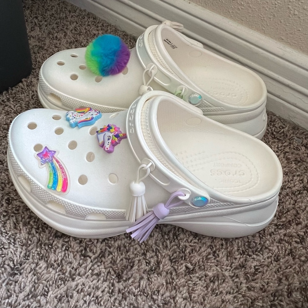 Crocs Women’s Pearl White Clogs with Liza Frank Charms